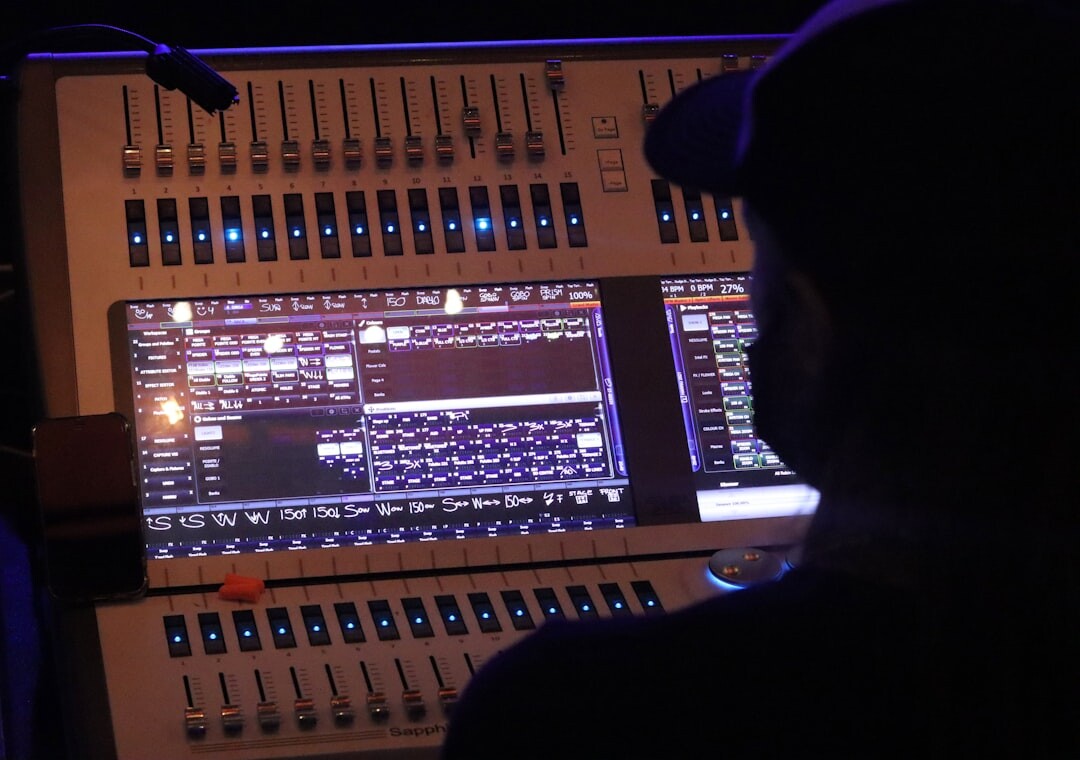 Broadcast control room with multiple video monitors and live signal feeds